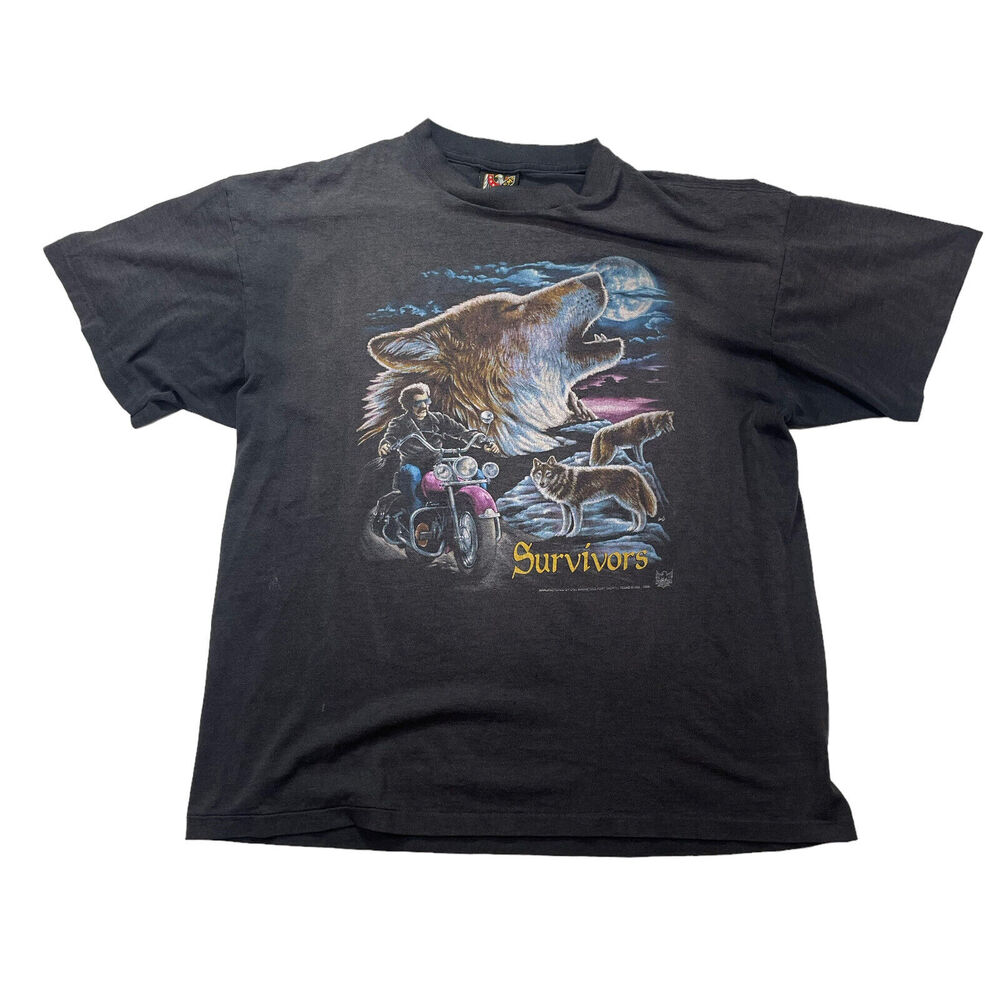 Vintage 3D Emblem Survivors Black‎ T Shirt XL Wolf Motorcycle